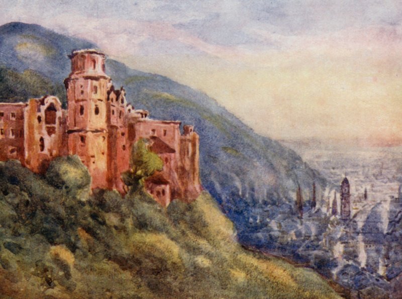 Floden Rhen: Slottet, Heidelberg (färglitografi) av Effie Jardine