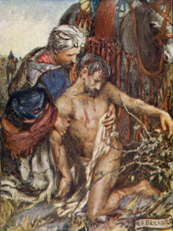 Den barmhärtige samariten (färg litho) av Eleanor Fortescue Brickdale