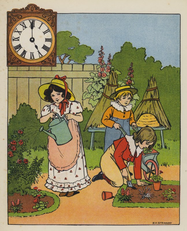 Trädgårdstid (färg litho) av Elise H. Stewart