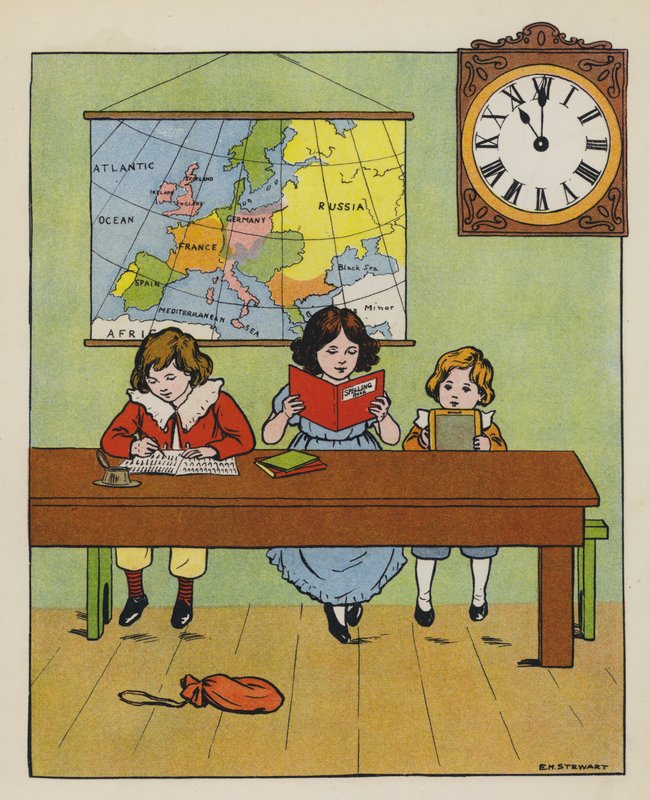 Lektionstid (färg litho) av Elise H. Stewart