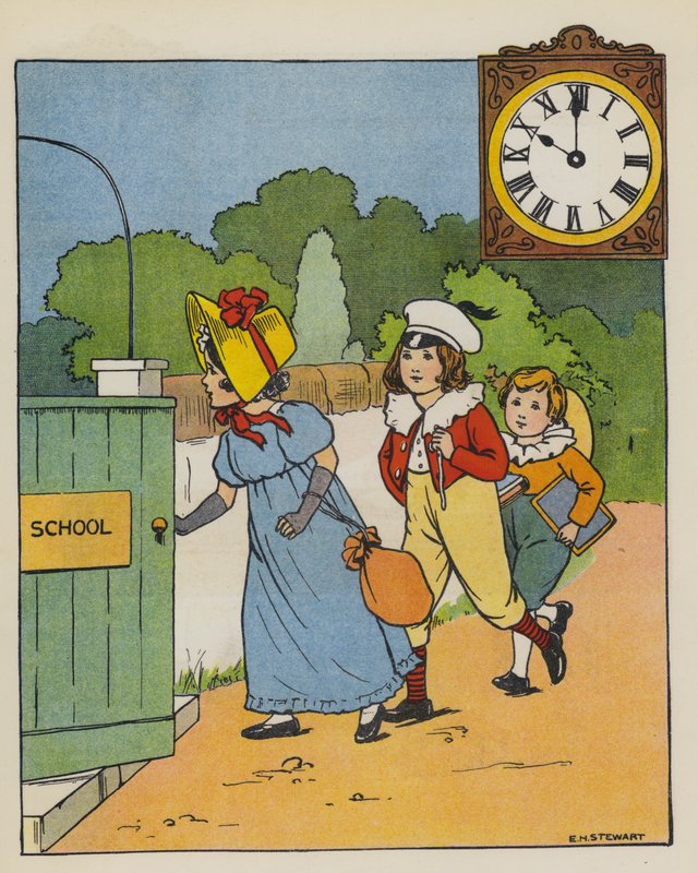 Skoltid (färg litho) av Elise H. Stewart