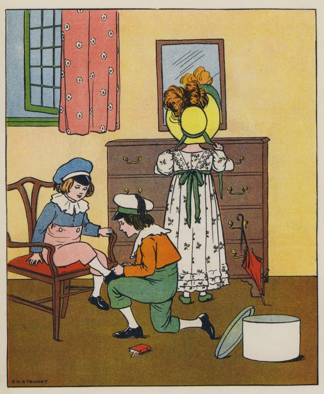 Söndag, påklädningstid (färg litho) av Elise H. Stewart