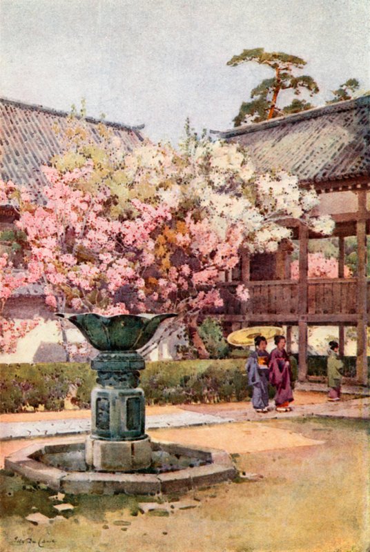 Cherry Blossom, Chion-in-templet (färg litho) av Ella Du Cane