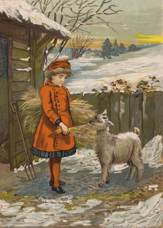 Flicka som matar en get (kromolitho) av Emily Jane Harding Andrews
