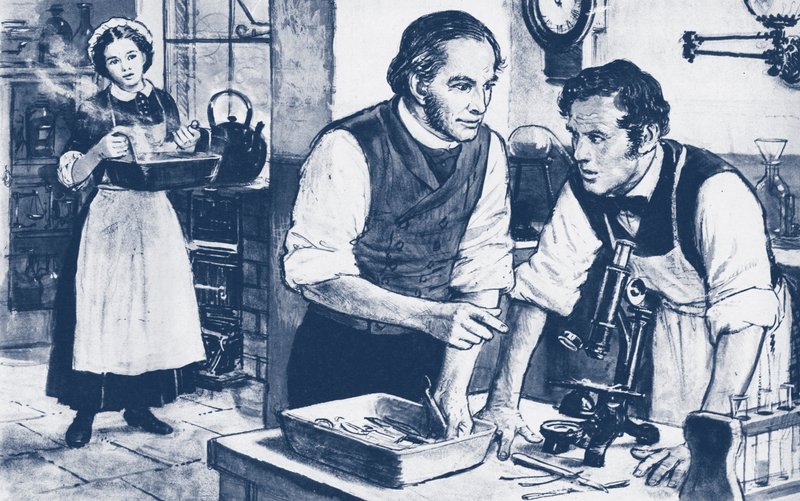 Joseph Lister visar mikrober på otvättade kirurgiska instrument av English School