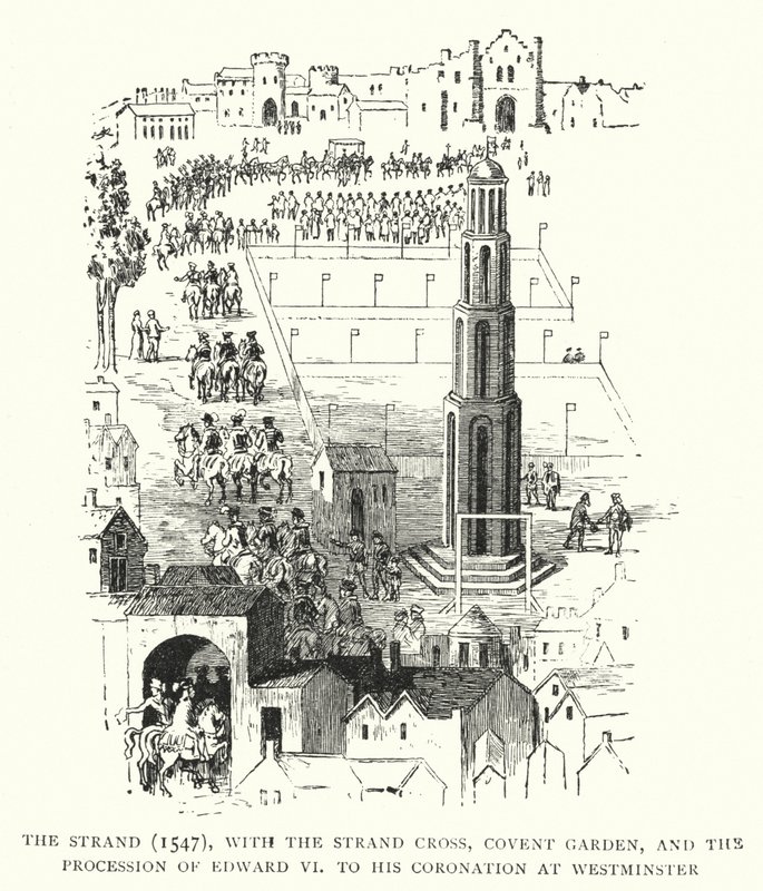 The Strand, 1547, med Strandkorset, Covent Garden och Edward VI:s procession till hans kröning i Westminster av English School