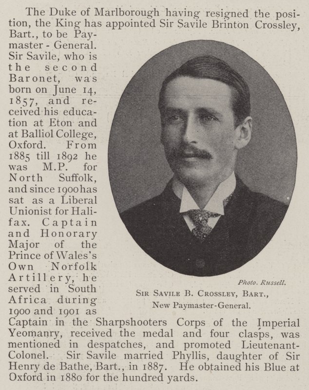 Sir Savile B Crossley, Baronet, ny betalmästare-general av English Photographer