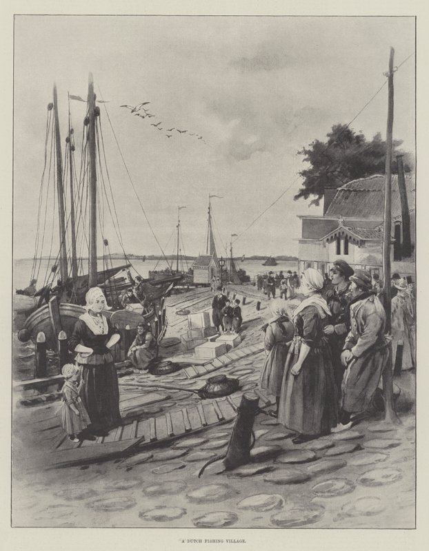 En holländsk fiskeby (litho) av English School