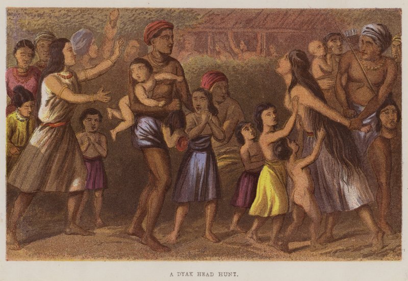 En Dyak head hunt (färg litho) av English School