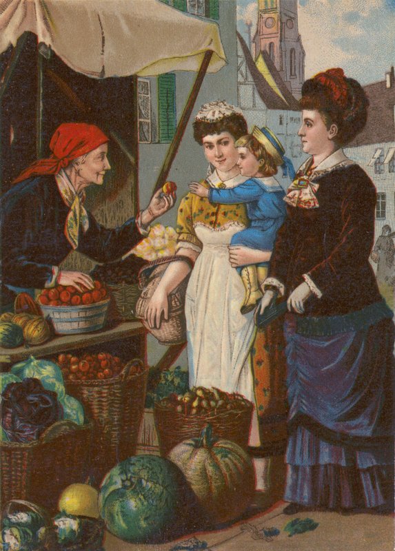 En fransk fruktmarknad (färg litho) av English School