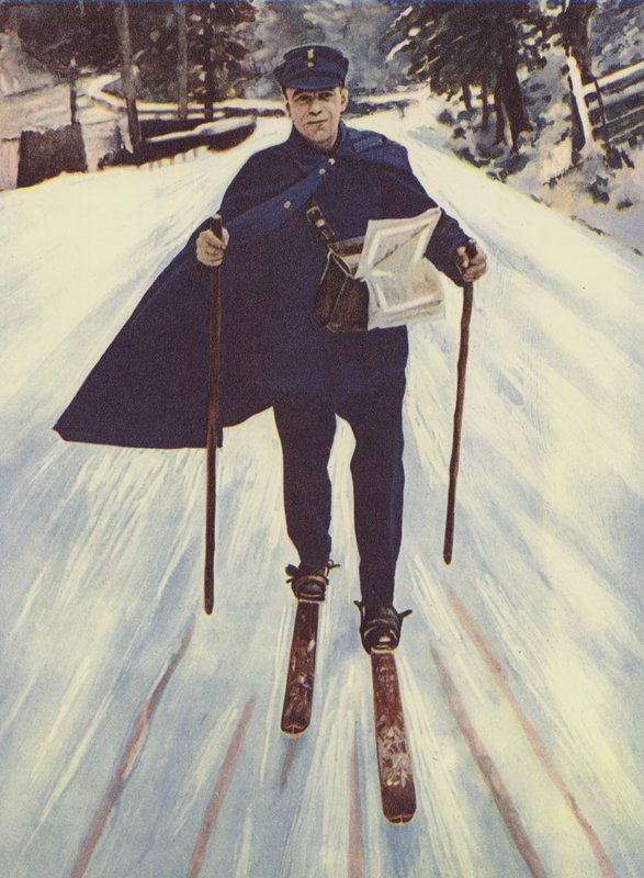 En tysk brevbärare på skidor (färg litho) av English School