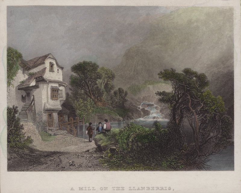 A Mill on the Llanberris (färgad gravyr) av English School