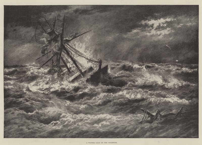 A Winter Gale on the Goodwins (litho) av English School