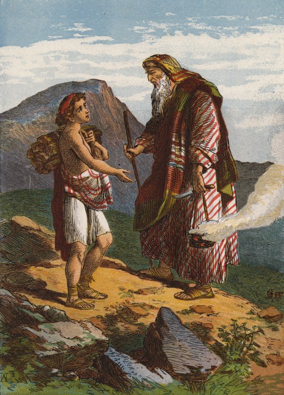 Abraham offrar Isak (färg litho) av English School