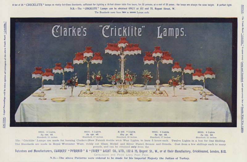 Annons, Clarkes "Cricklite" lampor (chromolitho) av English School