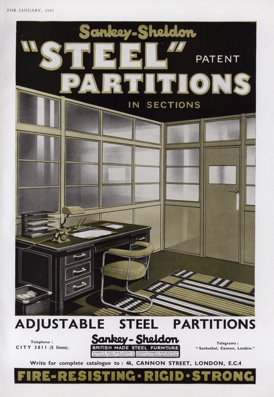 Annons för Sankey-Sheldon Steel Partitions, 1937 av English School