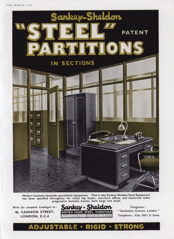 Annons för Sankey-Sheldon Steel Partitions, 1937 av English School