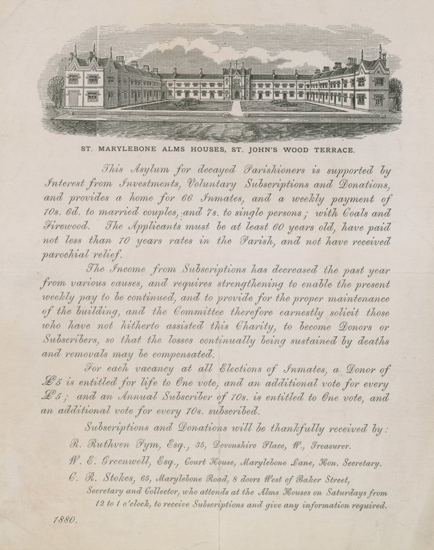 Annons för St Marylebone Alms Houses av English School
