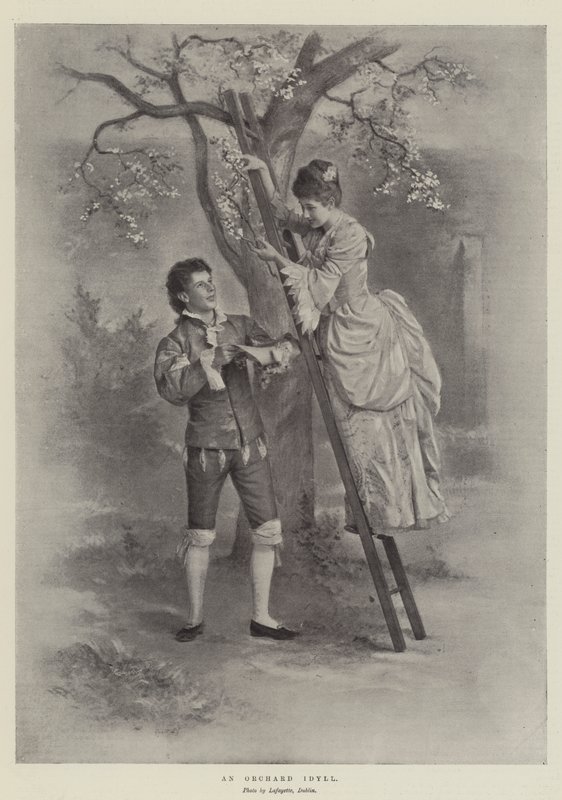En fruktträdgårdsidyll (litho) av English School