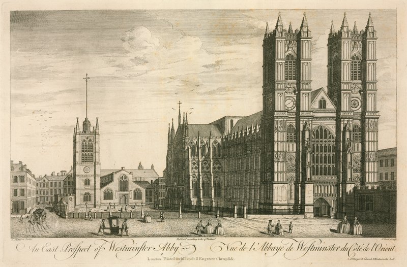 En östlig utsikt över Westminster Abbey, London av English School