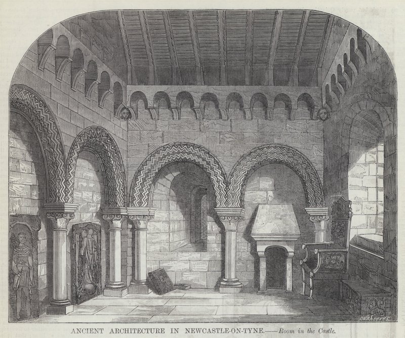 Forntida arkitektur i Newcastle-on-Tyne (gravyr) av English School
