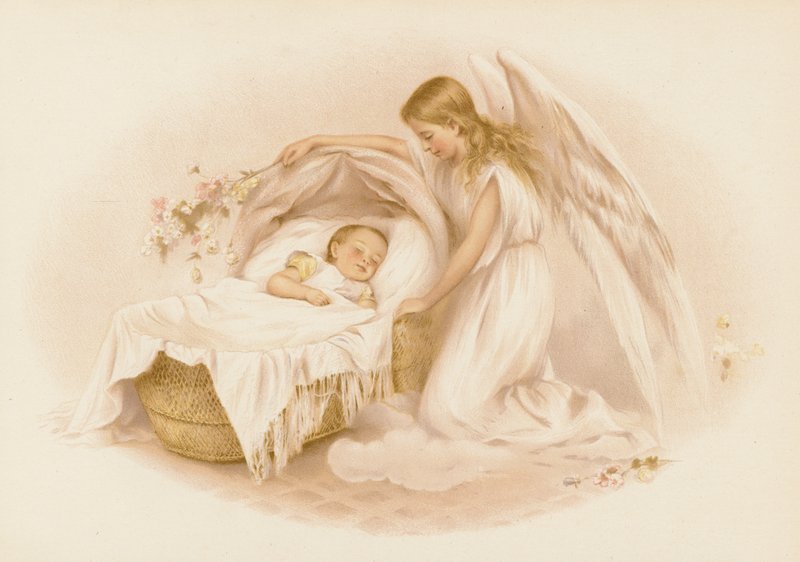 Ängel som vakar över en bebis (chromolitho) av English School