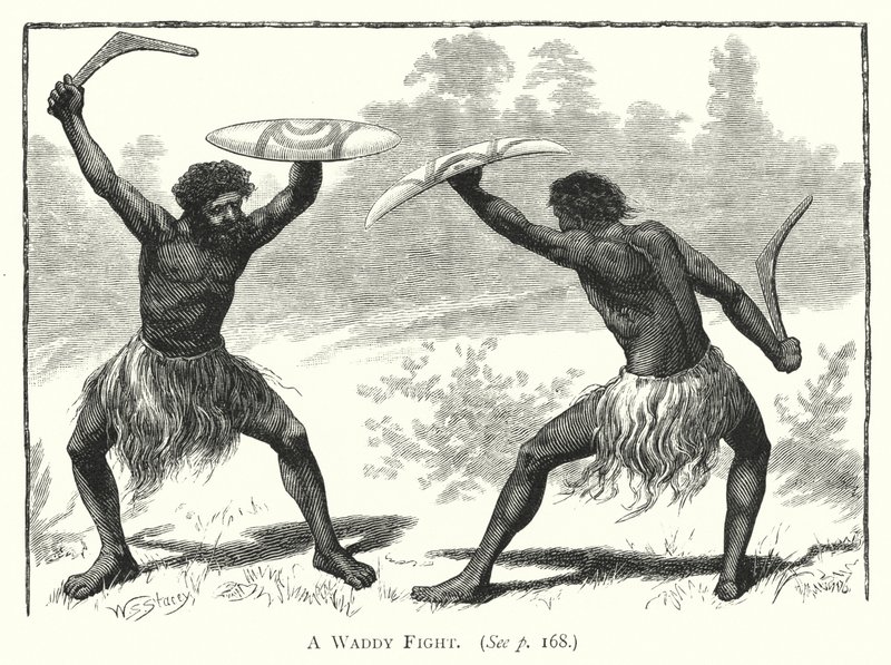 Australien: En kamp mot Waddy (gravyr) av English School