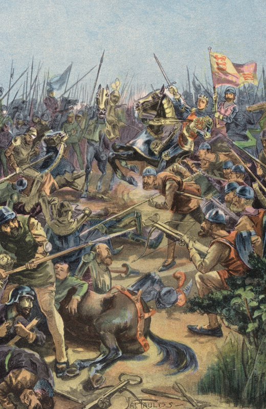 Slaget vid Agincourt (färglitografi) av English School