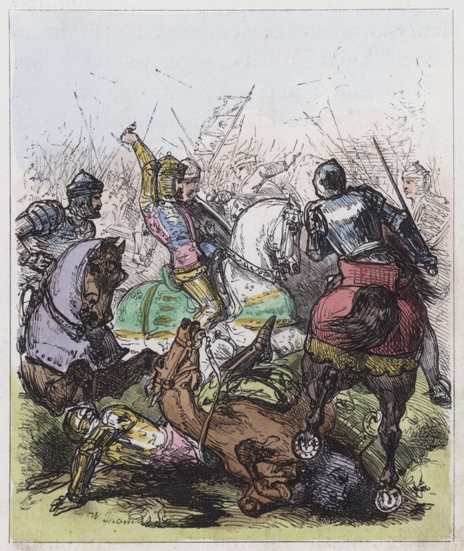 Slaget vid Agincourt (färgad gravyr) av English School