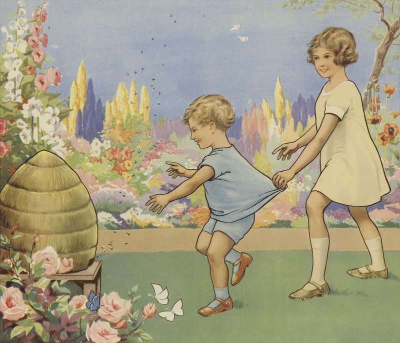 Bikupa i en trädgård (färg litho) av English School