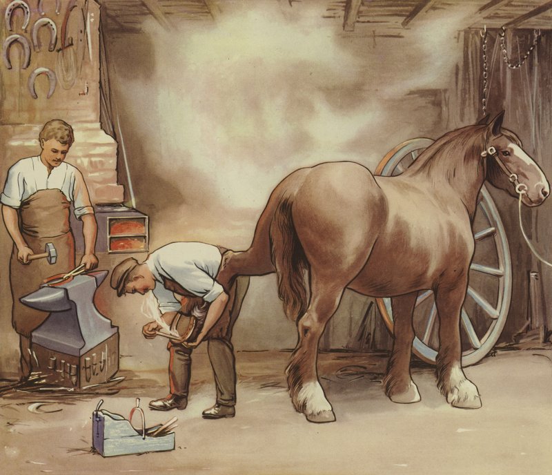 Smed som skor en häst (färg litho) av English School