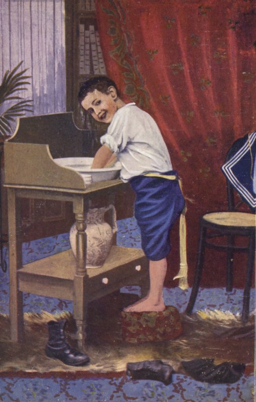 Pojktvätt (färg litho) av English School