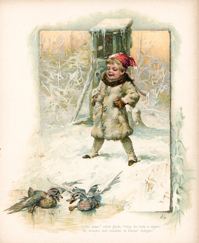 Pojke tittar på ankor i snön av English School