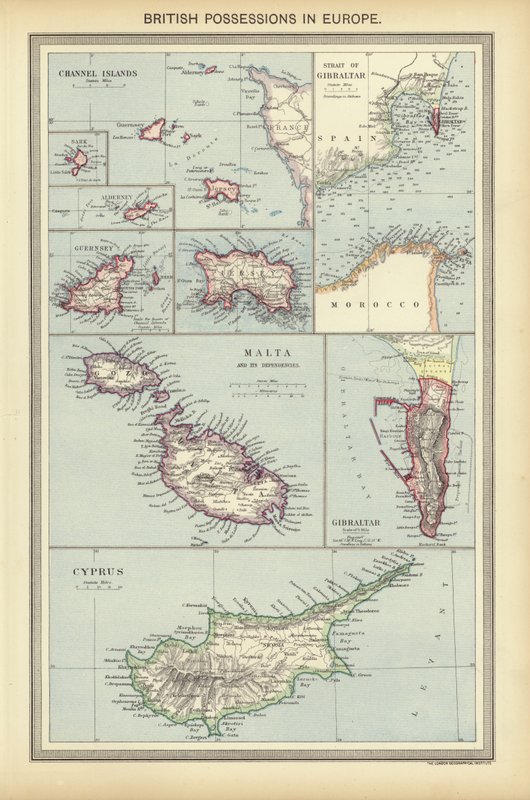 Brittiska ägodelar i Europa (färg litho) av English School
