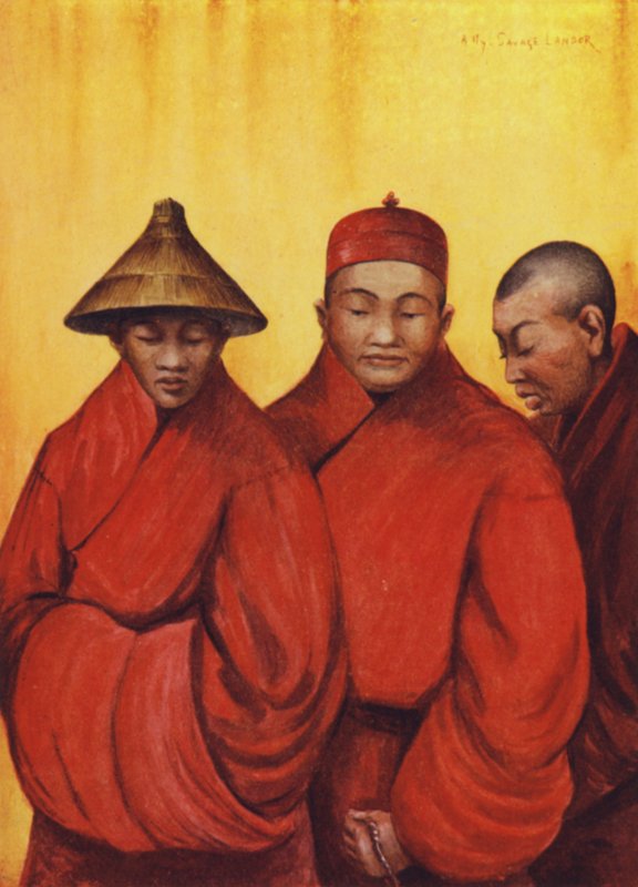 Buddhistiska munkar i hattar. (färglitografi) av English School