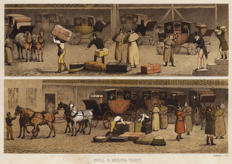 Bull and Mouth Yard (färg litho) av English School