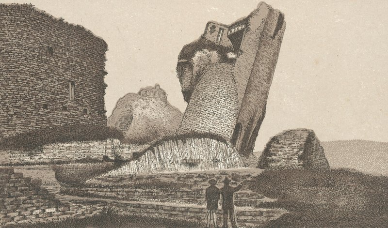 Caerphilly Castle, lutande tornet (litho) av English School