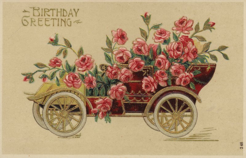 Bil prydd med blommor (färg litho) av English School