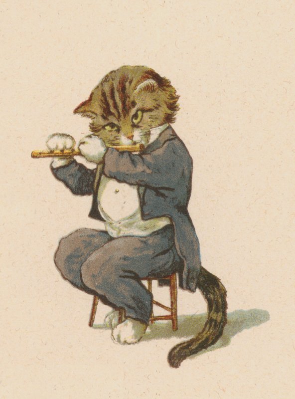 Katt spelar flöjt (chromolitho) av English School