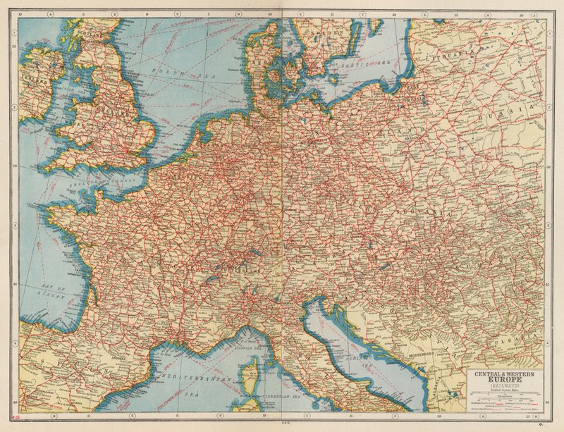 Central- och Västeuropa, Järnvägar (färglitografi) av English School