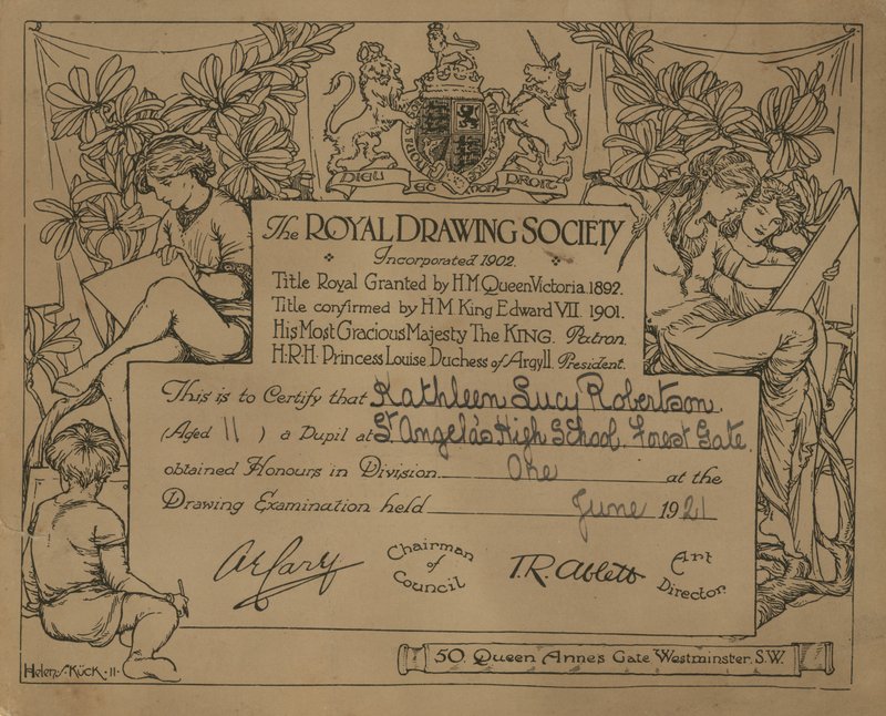 Intyg ges av Royal Drawing Society av English School