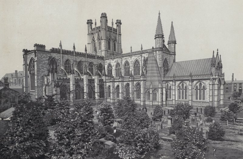 Chester: The Cathedral, från stadsmuren av English School