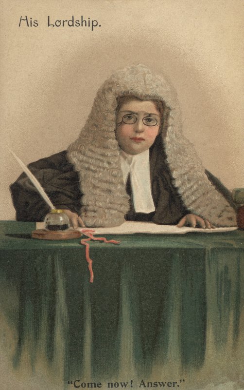 Barn klätt till domare (färg litho) av English School