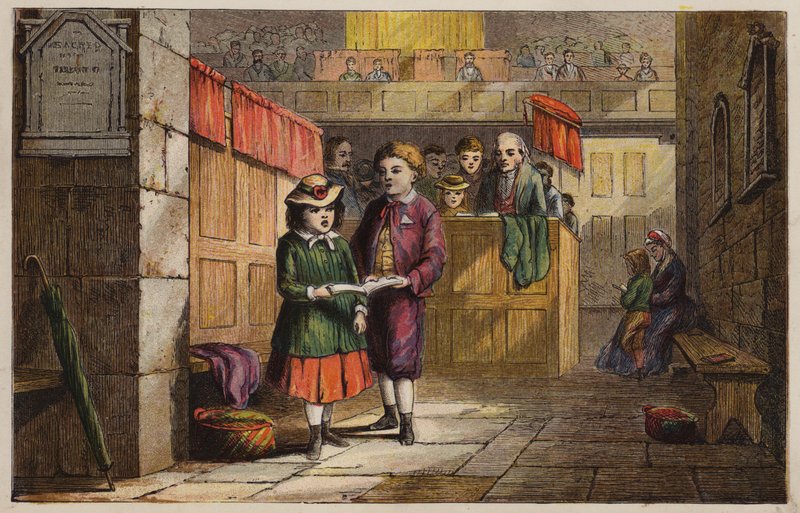 Barn i en kyrka (färgad gravyr) av English School