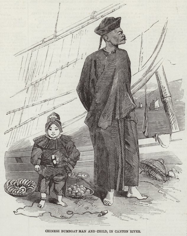 Kinesisk bumboat man och barn av English School