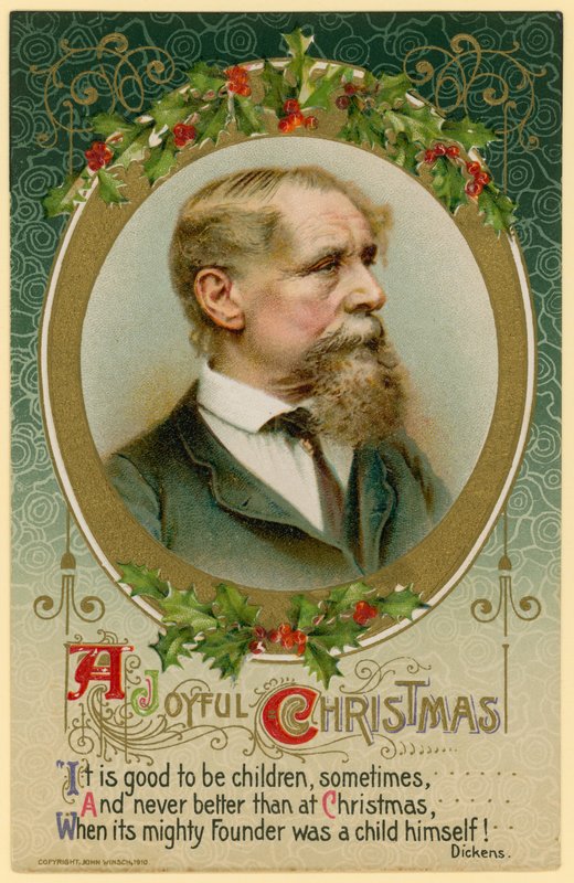 Julkort med Charles Dickens av English School