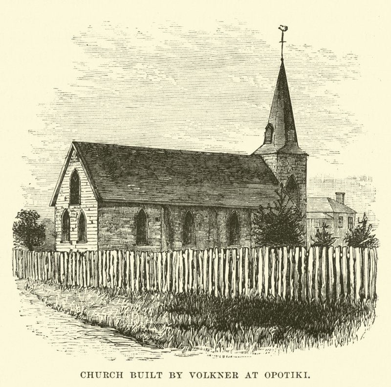 Kyrka byggd av Volkner i Opotiki av English School