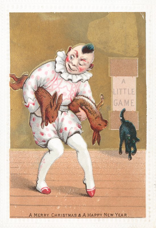 Clown som stjäl kaniner, julkort av English School