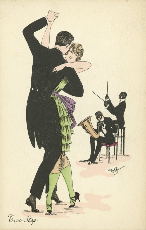 Par som dansar Two Step (färg litho) av English School