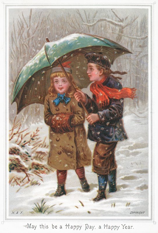 Par som promenerar i snön, julkort av English School